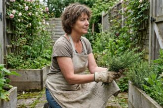 Femme récoltant des herbes dans un jardin luxuriant