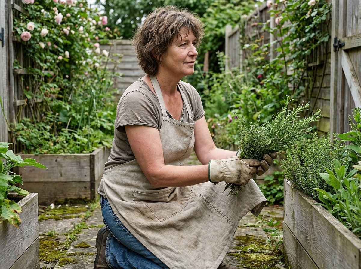 Femme récoltant des herbes dans un jardin luxuriant