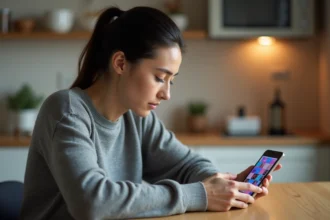 Femme jouant à 4 Images 1 Mot sur smartphone, cherchant un mot de 4 lettres