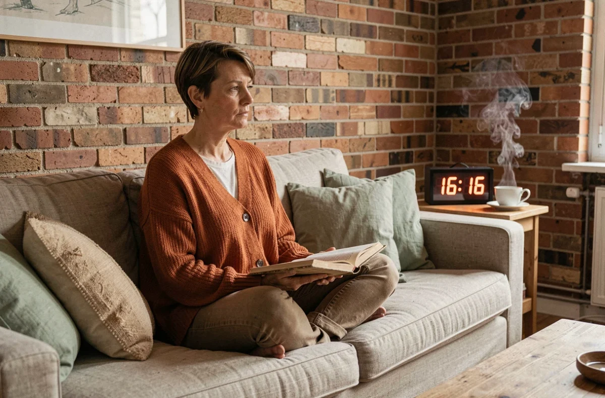 Femme assise avec un journal face à une horloge numérique affichant 16h16, représentant la réflexion sur les erreurs d'interprétation de l'heure miroir
