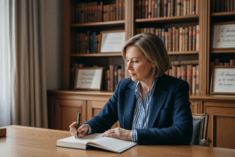 Femme française signant un livre dans un bureau parisien