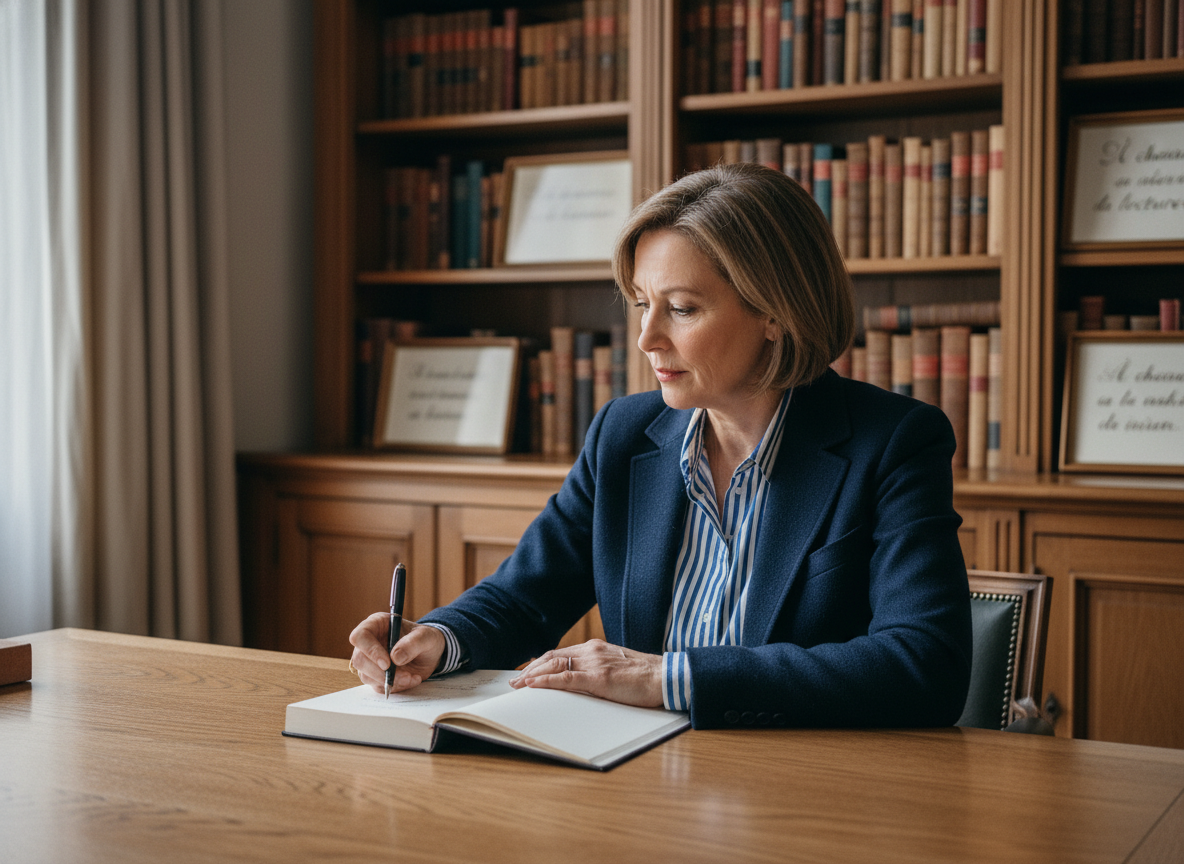 Femme française signant un livre dans un bureau parisien