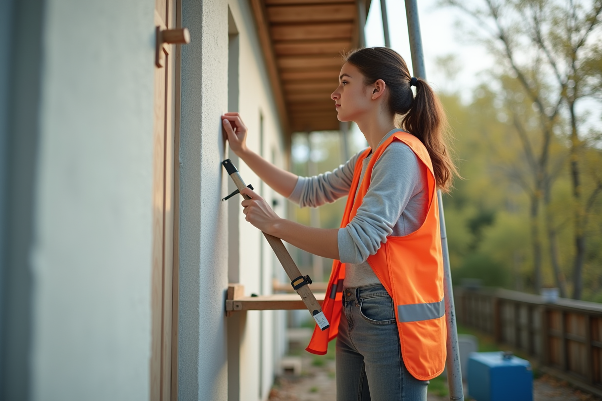 Jeune femme marquant des lignes sur un mur extérieur