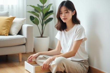 Jeune femme en blanc dans un salon scandinave minimaliste