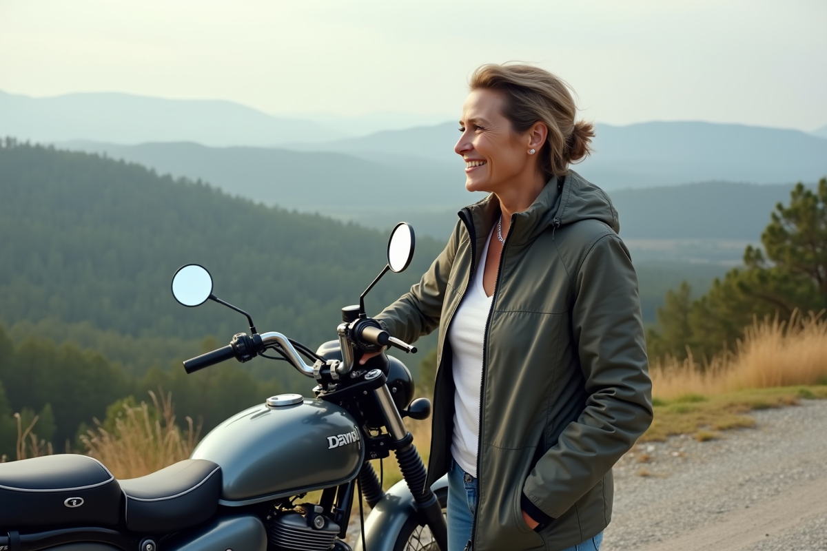 Femme souriante à côté de sa moto en campagne