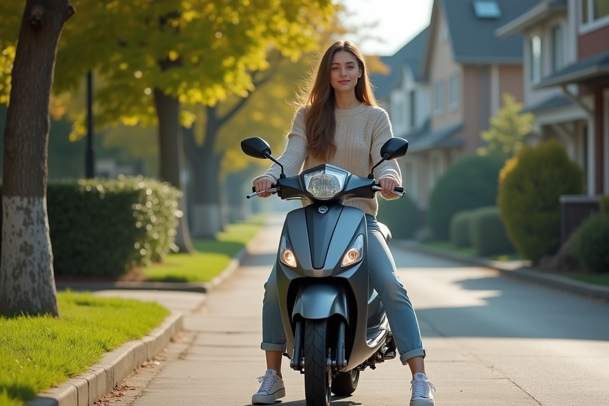 Jeune femme assise sur une moto dans un quartier résidentiel