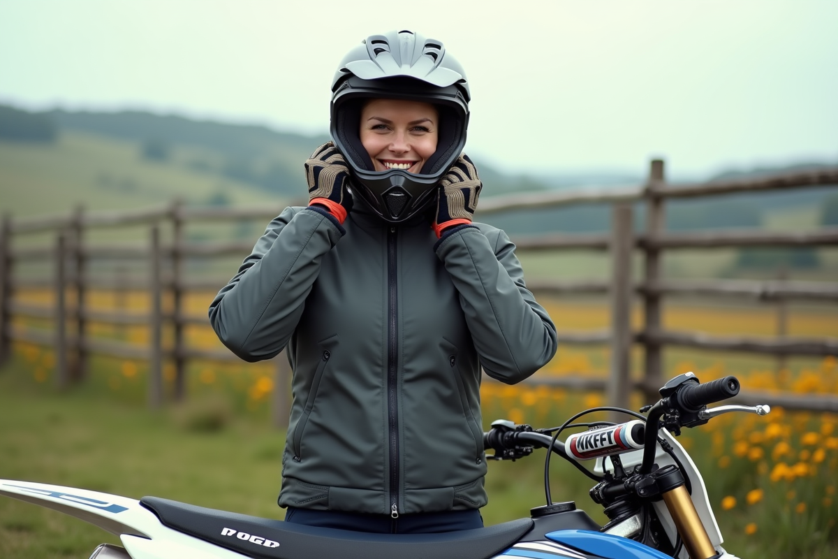 Femme en motocross attachant son casque dans un décor champêtre