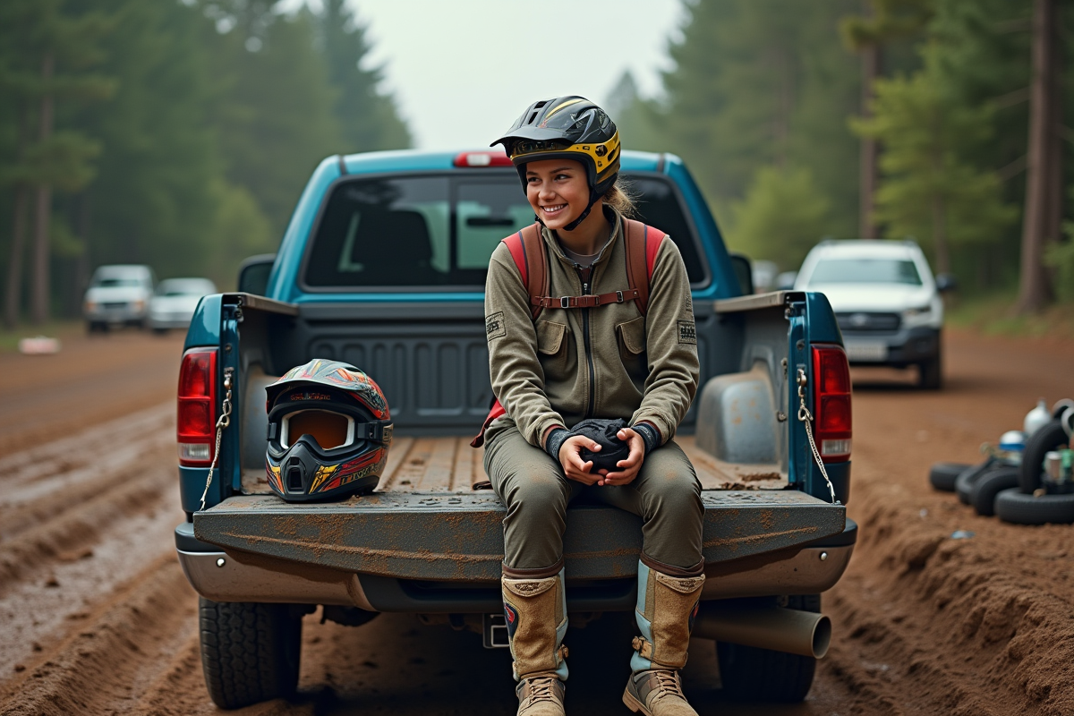 Femme motocross assise sur une camionnette ajustant ses lunettes