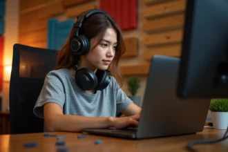 Jeune femme musicienne consultant un simulateur de niveau sonore sur son ordinateur portable dans un studio acoustique maison