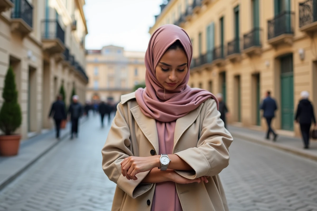 Femme musulmane vérifiant l'heure de la salat dans une rue de Montpellier