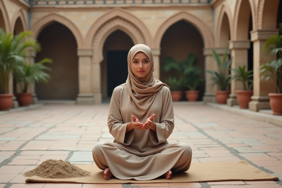 Femme musulmane en hijab pratiquant le tayammum avant la prière dans une cour intérieure en pierre