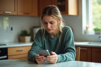 Femme consultant un numéro de téléphone inconnu affiché sur son smartphone dans une cuisine moderne