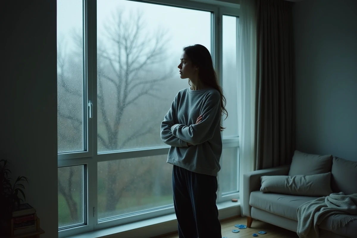 Jeune femme pensive debout près d'une fenêtre sous la pluie, reflétant l'état d'esprit anxieux lié à des rêves menaçants récurrents