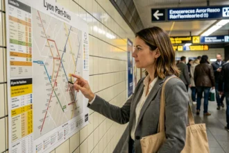 Femme consultant le plan du métro de Lyon dans la station Part-Dieu pour planifier son itinéraire vers Eurexpo