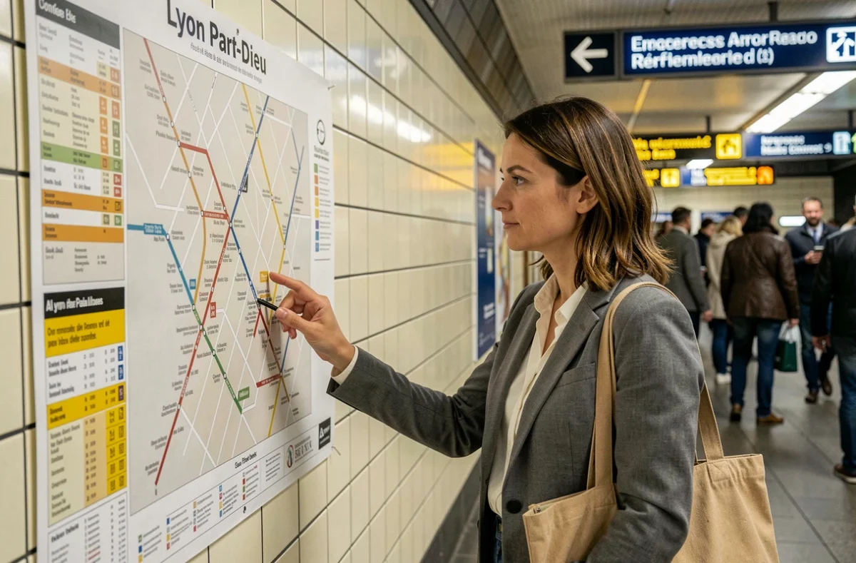 Femme consultant le plan du métro de Lyon dans la station Part-Dieu pour planifier son itinéraire vers Eurexpo