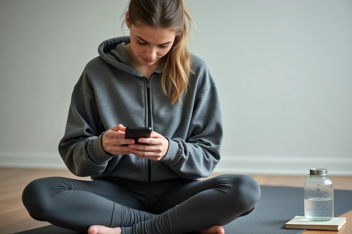 Femme consultant une application de planification sportive sur smartphone affichant un calendrier de semaine impaire depuis un studio de yoga à domicile