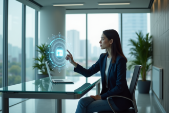 Jeune femme en bureau interactif avec réalité augmentée