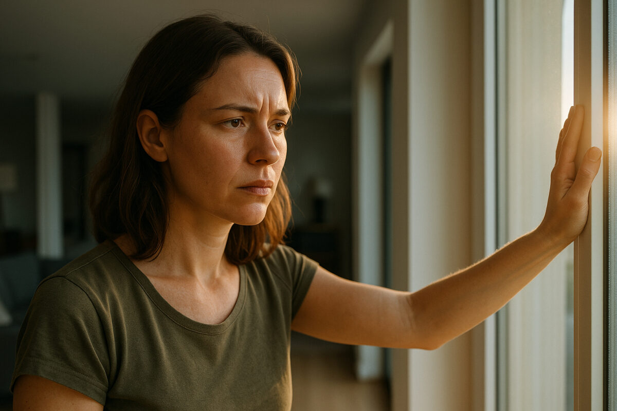 Femme préoccupée dans une maison moderne sous lumière naturelle