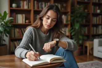 Jeune femme pensante dans un salon cosy avec journal et montre
