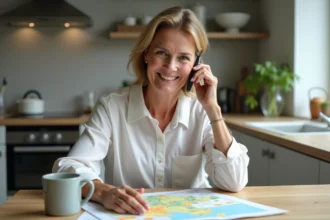 Femme française souriante au téléphone près d'une carte régionale