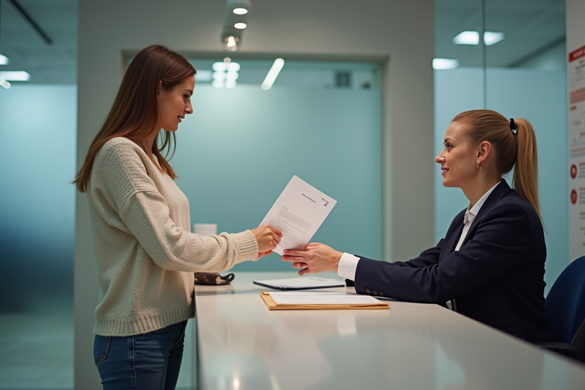 Femme confiante remettant une demande de changement de nom au guichet