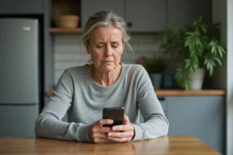 Femme préoccupée regardant son smartphone avec appel manqué