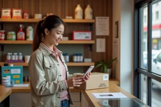 Femme scannant un code QR chez Mondial Relay à l'intérieur