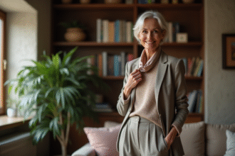 Femme élégante de 60 ans dans un salon moderne et cosy
