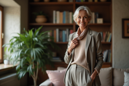 Femme élégante de 60 ans dans un salon moderne et cosy