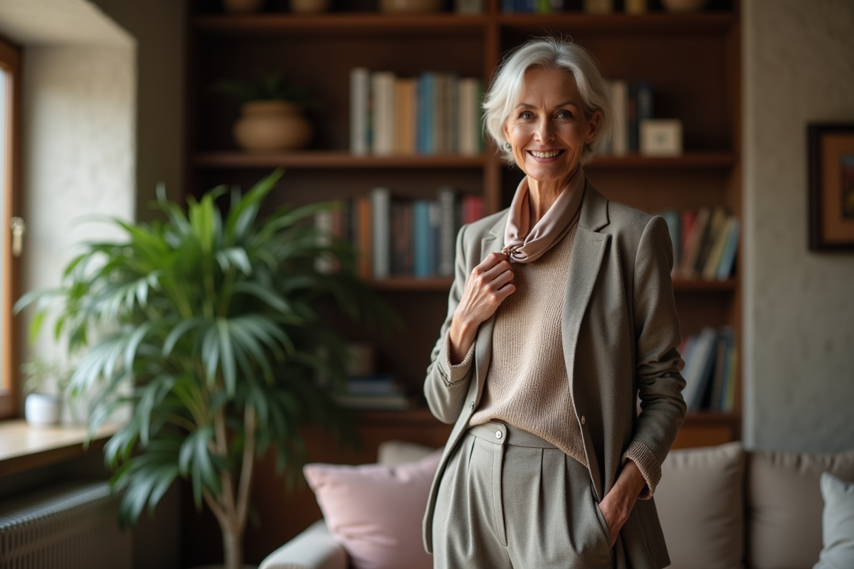 Femme élégante de 60 ans dans un salon moderne et cosy