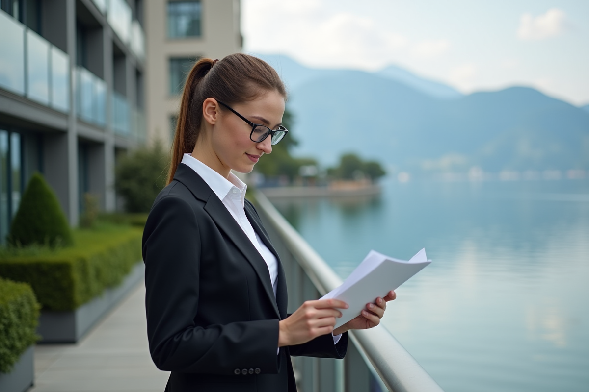 Jeune femme suisse en costume regardant des papiers près du lac