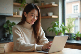 Jeune femme compare deux tablettes dans sa cuisine