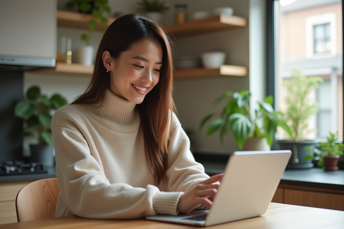 Jeune femme compare deux tablettes dans sa cuisine