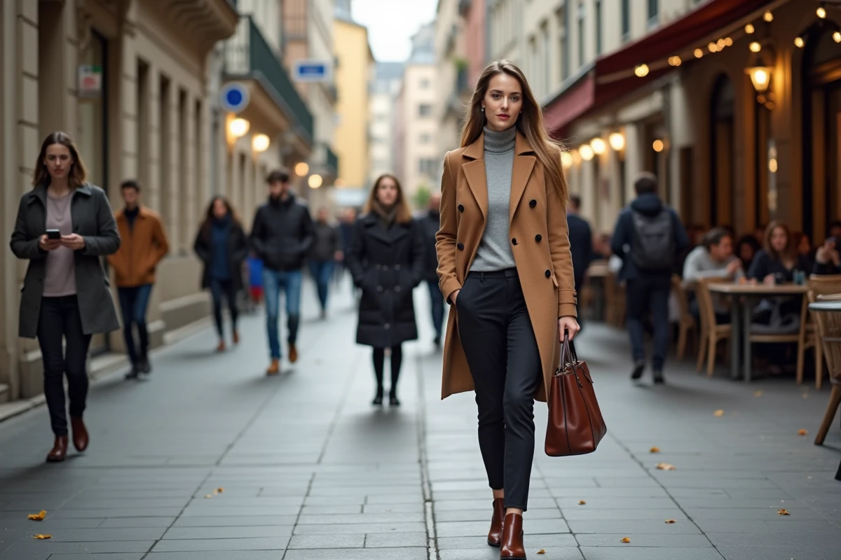Femme transformée après un conseil en image, marchant avec assurance dans une rue urbaine européenne en tenue professionnelle et élégante soigneusement coordonnée