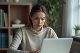 Jeune femme concentrée sur son ordinateur portable à domicile