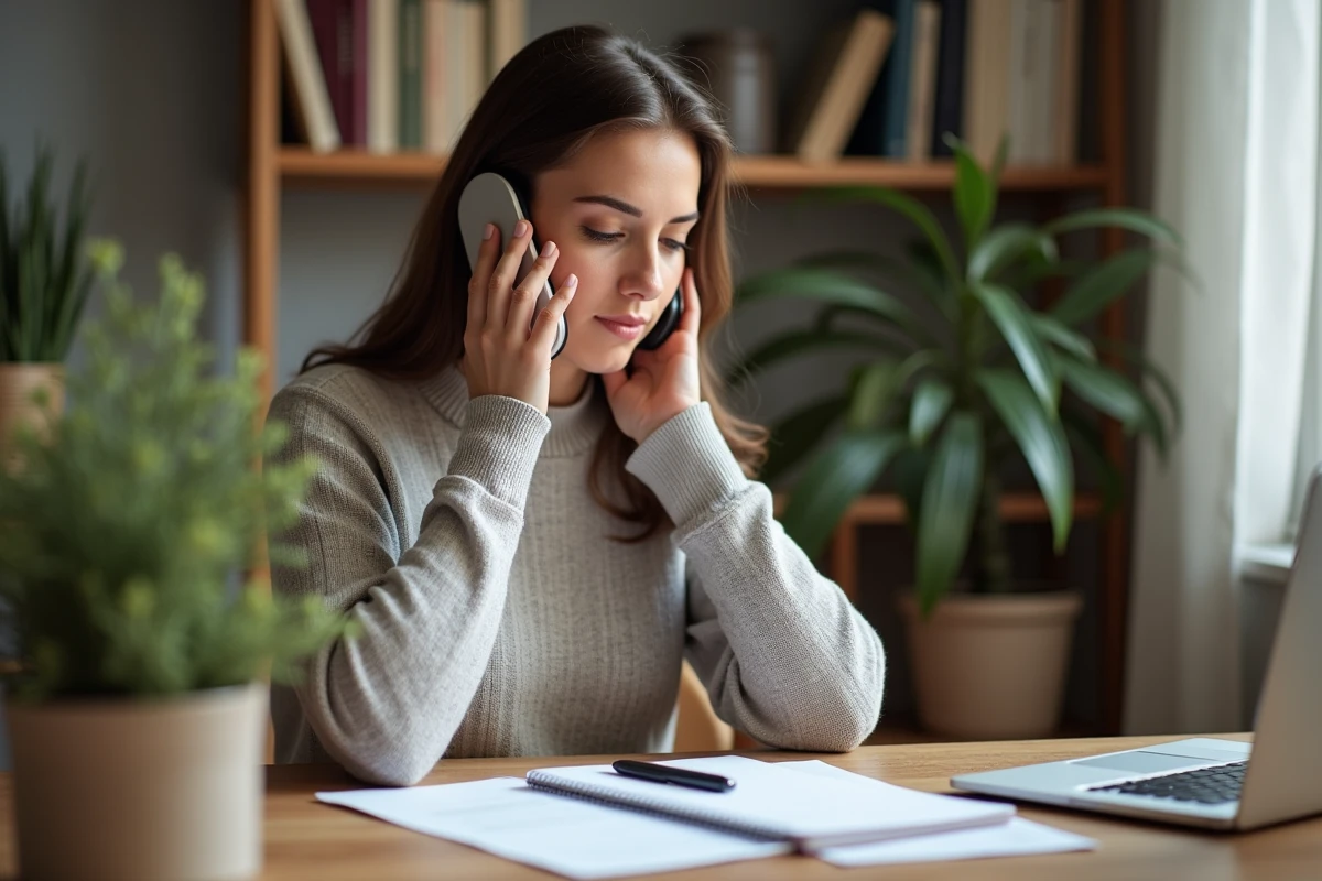 Femme au travail chez elle parlant au téléphone