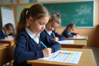 Jeune fille d'école primaire remplit un tableau de conversion en classe