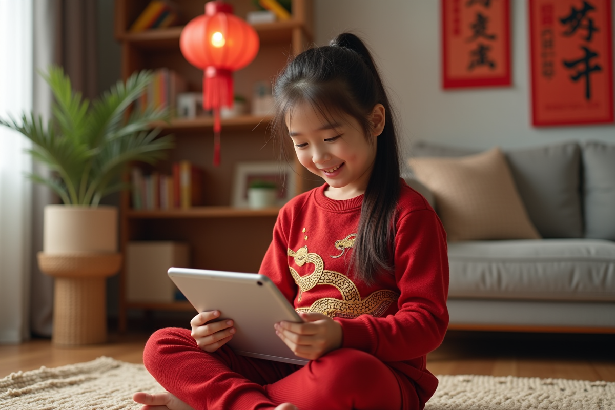 Jeune fille asiatique joue au jeu snake sur tablette