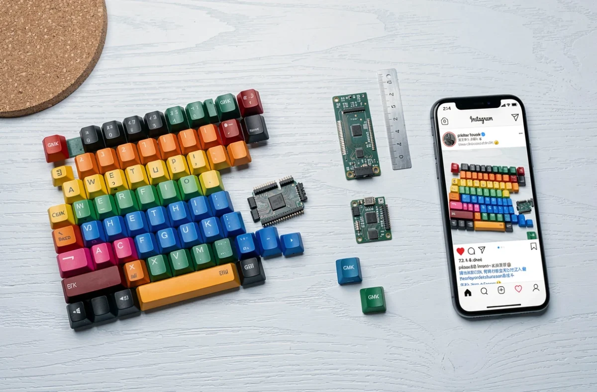Vue aérienne d'un ensemble de touches GMK démontées sur un bureau en chêne blanc avec un smartphone affichant une publication Instagram populaire sur les claviers mécaniques
