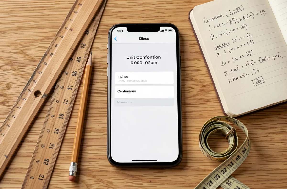 Flatlay d'un smartphone affichant un outil de conversion pouces en centimètres entouré de règles et d'un carnet de notes