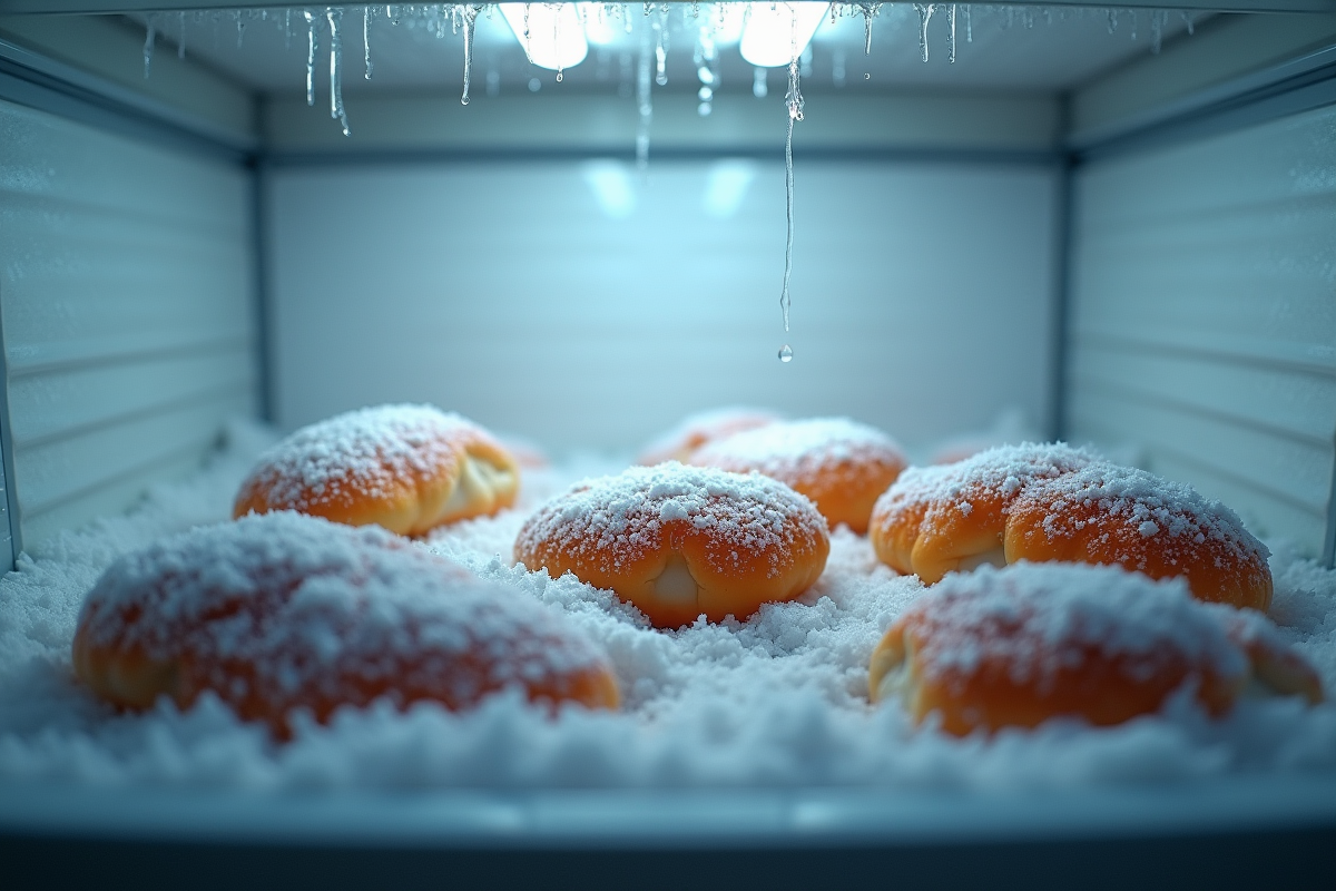Givre sur aliments congelés dans un congélateur partiellement ouvert
