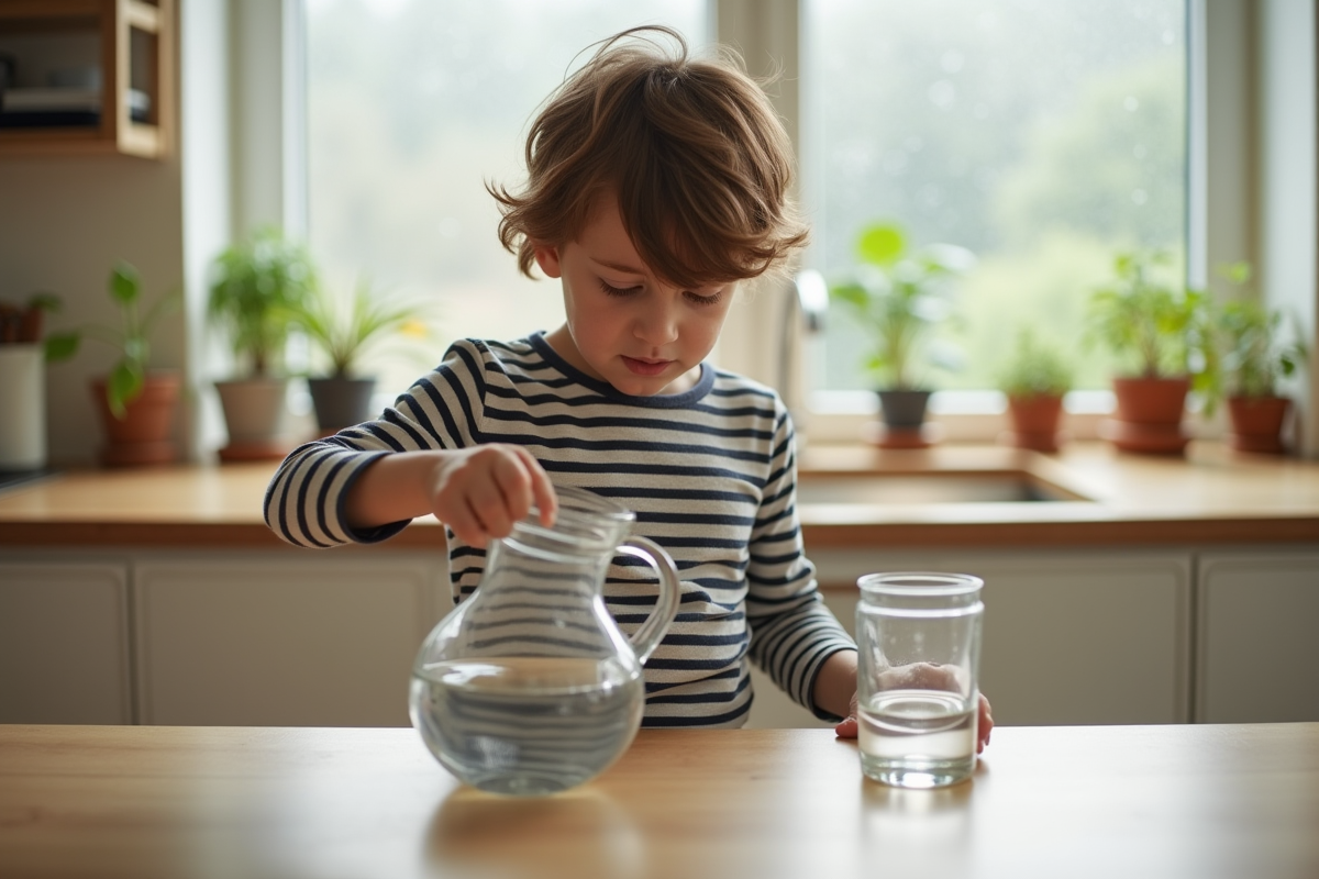 Garçon verse de leau lors dune activité pratique en cuisine