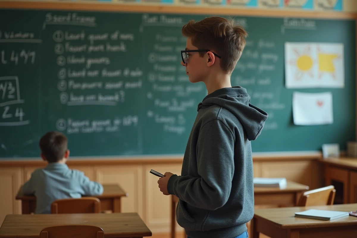 Garçon étudiant en classe devant un tableau de grammaire française