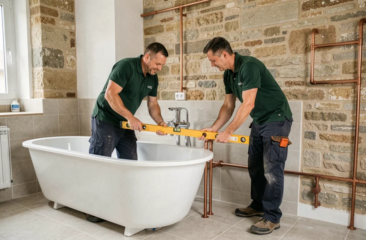 Les frères de Gendre Freres installant une salle de bain dans un appartement rénové à Limoges