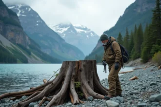 Géologue au bord de Lituya Bay observant un arbre déraciné