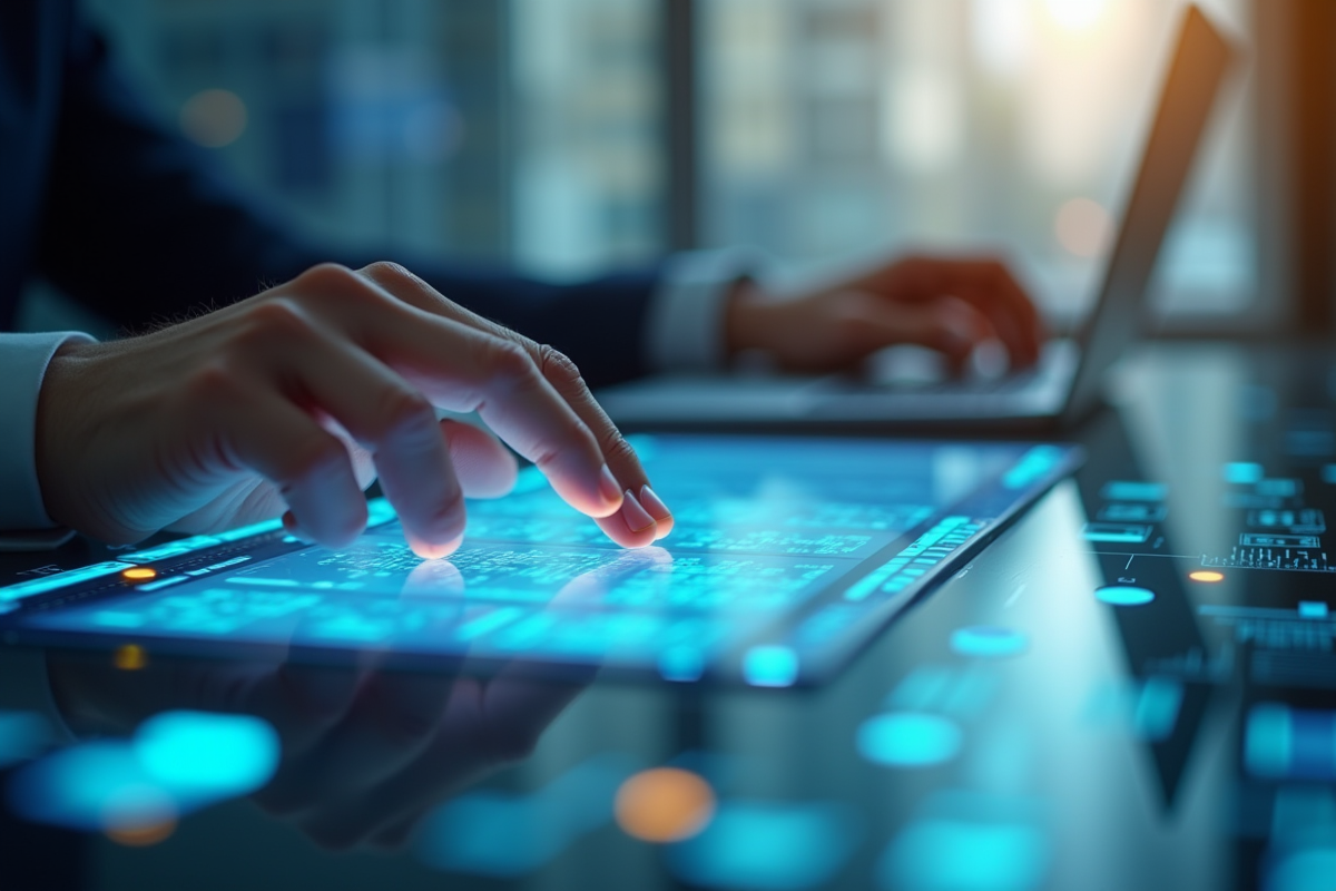 Mains manipulant des documents numériques sur un écran tactile futuriste