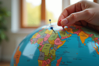 Globe terrestre avec capitales F et marqueurs colorés