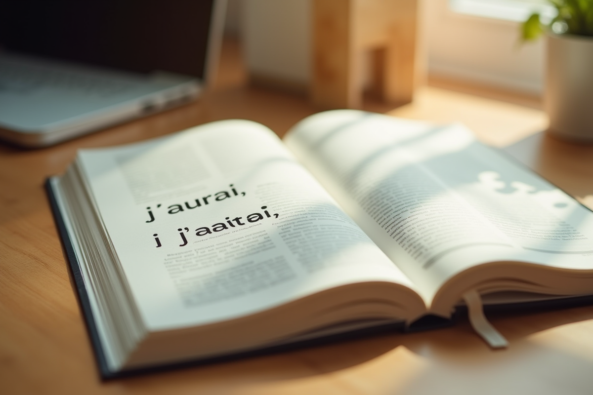 Livre de grammaire française ouvert sur le bureau avec j'aurais et j'aurai