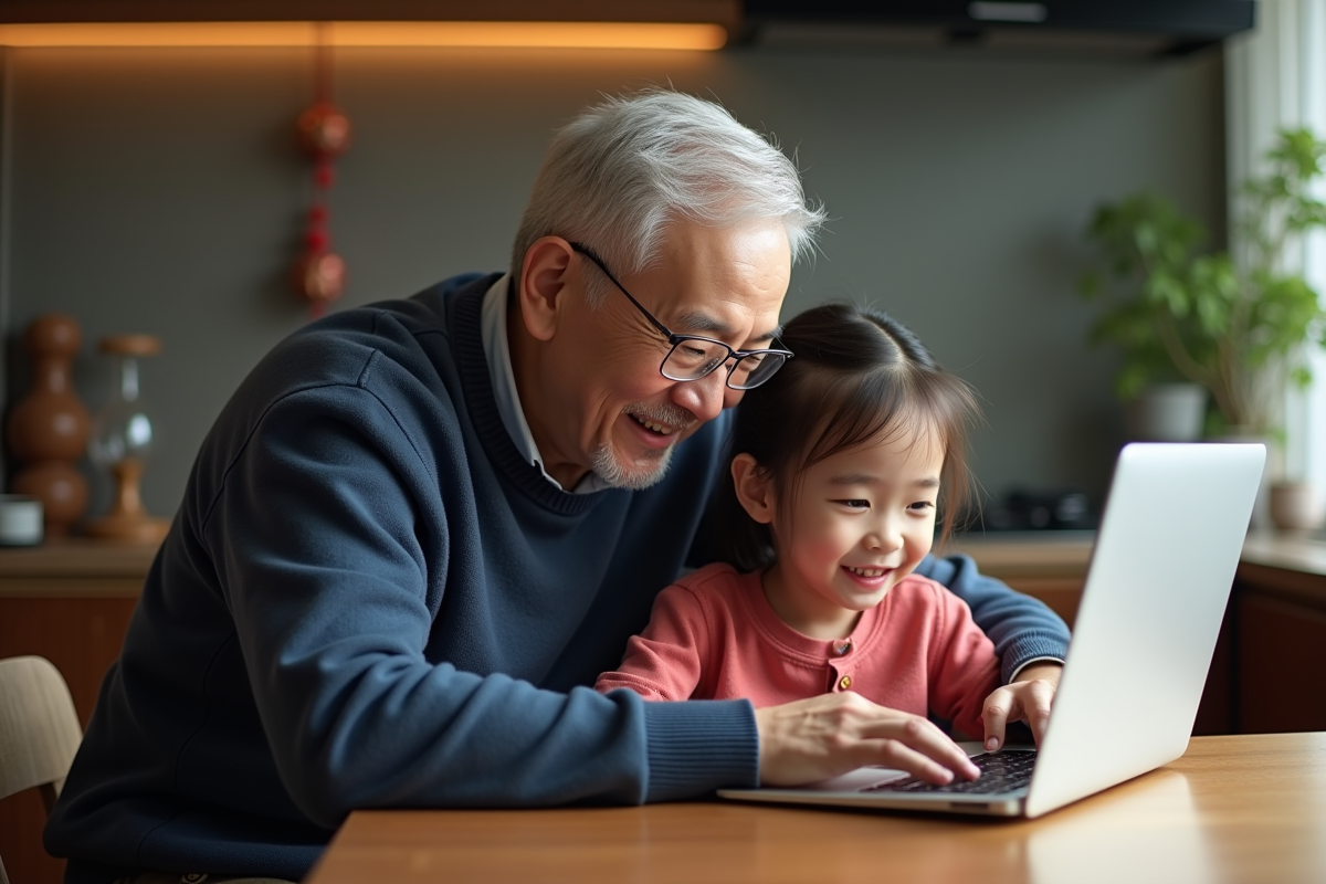Grand-père et petite fille jouent ensemble au jeu snake
