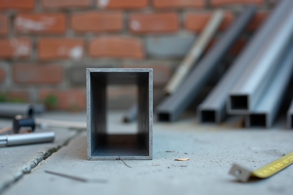 Gros plan sur la section transversale d'un tube carré en aluminium posé sur du béton avec d'autres profilés en arrière-plan